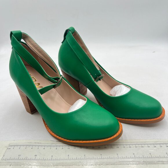 YDN Green Block Heel Pumps Round Toe Low Stacked Heels Ankle Strap Daily Shoes - Picture 4 of 8